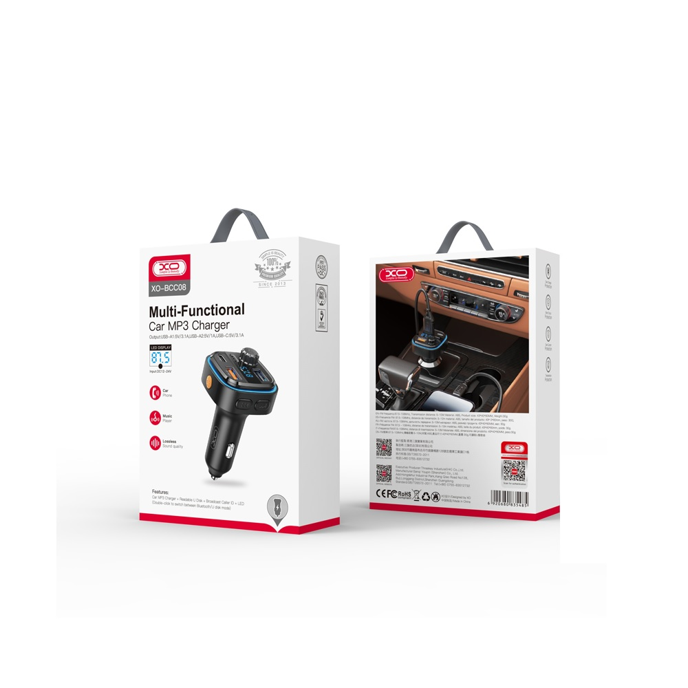 Automobilinis įkroviklis / FM siųstuvas XO BCC08 USB x2, USB-C, MP3, Bluetooth 5.0 (juodas)