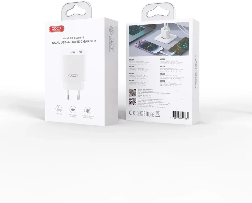 XO wall charger CE55 2x USB 2,4A baltas