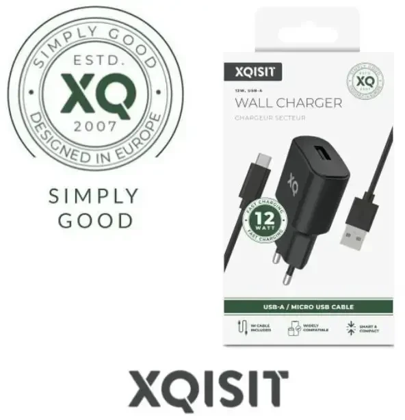 XQISIT kelioninis įkroviklis | 12 W | USB-A, USB-C | su pridedamu USB-A–USB-C laidu | juodas