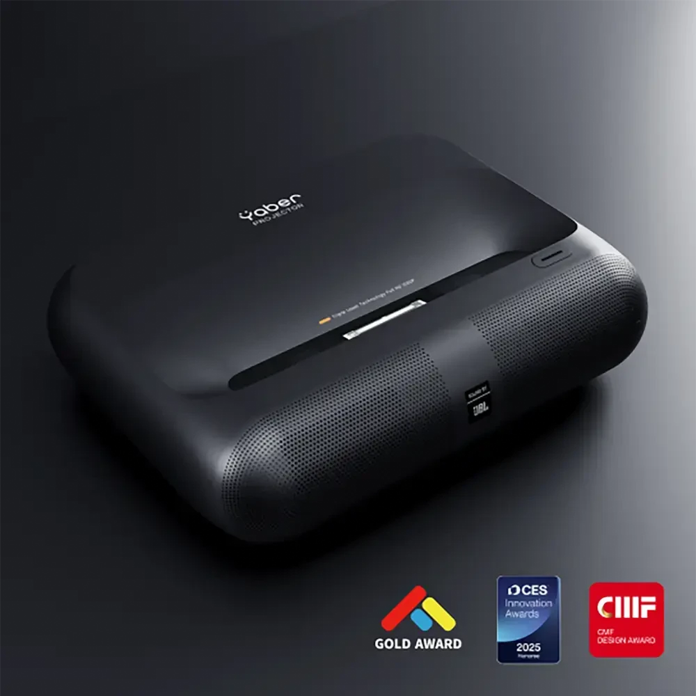 „Yaber K300s“ – išmanusis lazerinis projektorius namų kinui su „Google TV“, „JBL Sound“, itin trumpu projekcijos kampu, juodas