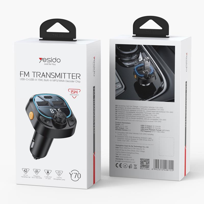 Siųstuvas FM Yesido BT5.3 - FM siųstuvas Y70 15W LED USB-2xA+C + MicroSD, Juodas / Juodas