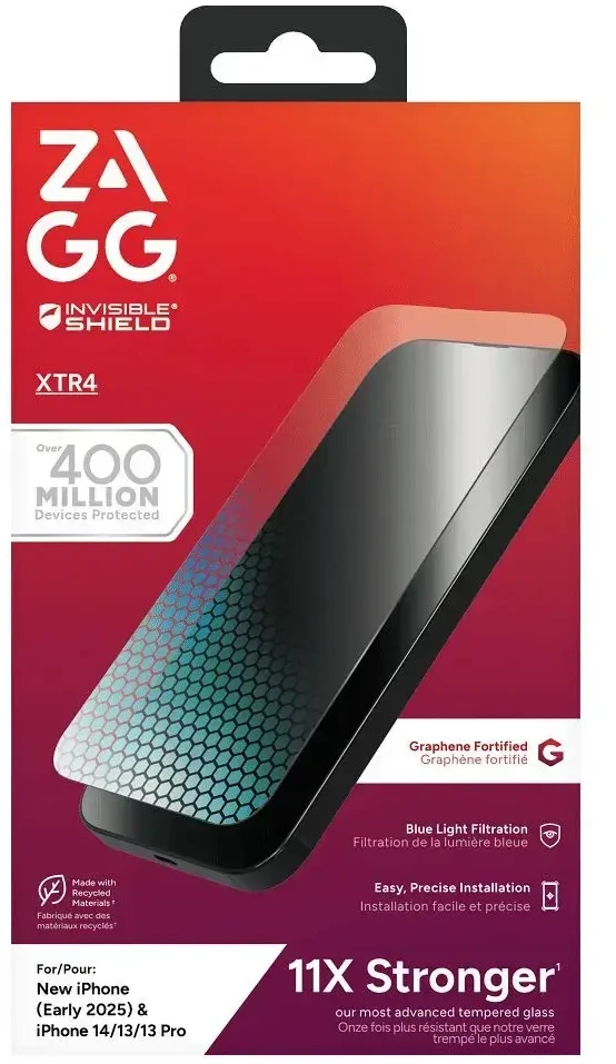 ZAGG grūdinto stiklo XTR4 apsauginis stikliukas su grafenu ir mėlynos šviesos filtru, skirtas IPHONE 13 / 14 / 15 / 16e