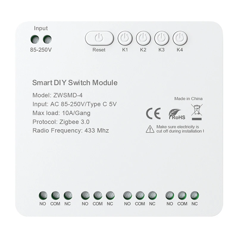 „ZigBee“ 4 kanalų jungiklio modulis su bevolte DC 32V kontaktu „Avatto ZWSMMD-4-250V“