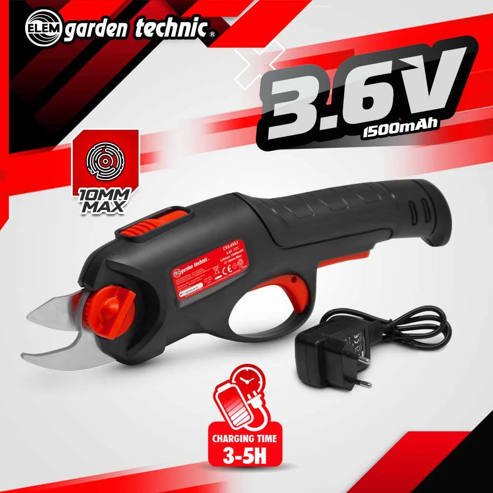 Akumuliatorinis sekatorius su baterija ir įkrovikliu ELEM GARDEN TECHNIC, CS3.6VLI