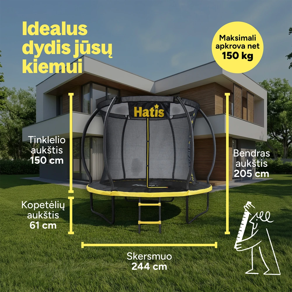 Batutas HATIS 2.44 m, su vidiniu apsauginiu tinklu ir laipteliais