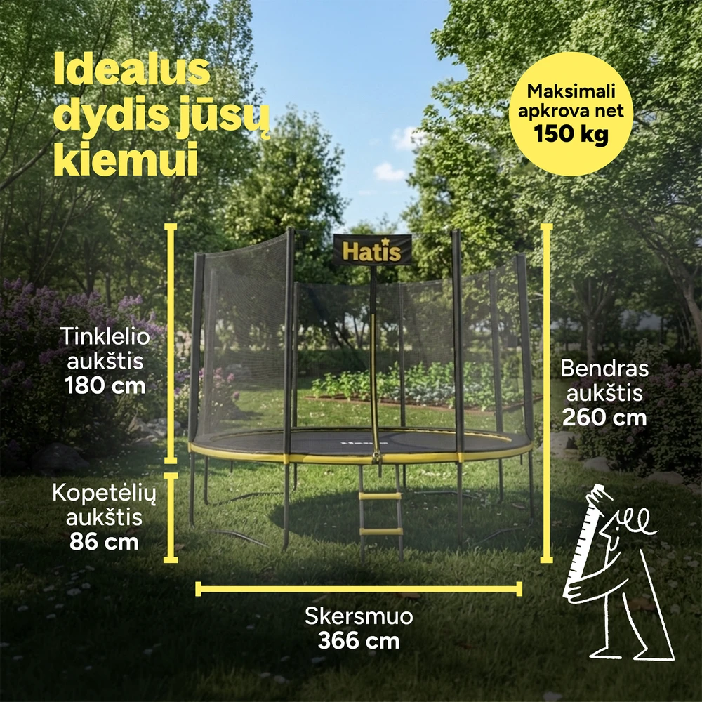 Batutas HATIS 3.66 m, su apsauginiu tinklu ir laipteliais