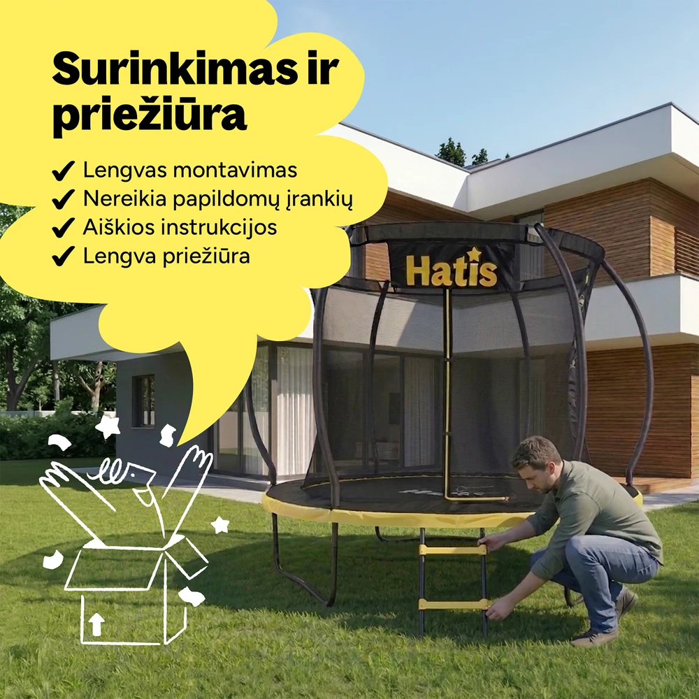 Batutas HATIS 4.25 m, su vidiniu apsauginiu tinklu ir laipteliais