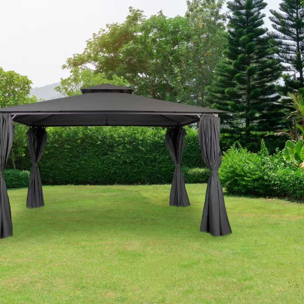 Lauko pavėsinė, 4 × 3 m, su užuolaidomis, tamsiai pilka
