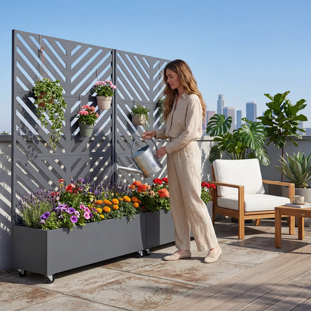 Metalinis vazonas su atramine sienele ir ratukais HATIS, 119,5 × 40,6 × 185,5 cm, antracito