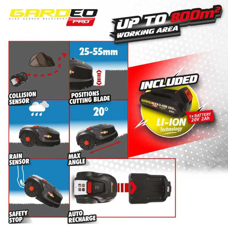 Robotas vejapjovė Gardeo Pro 20 V, 2 Ah, 800 m2