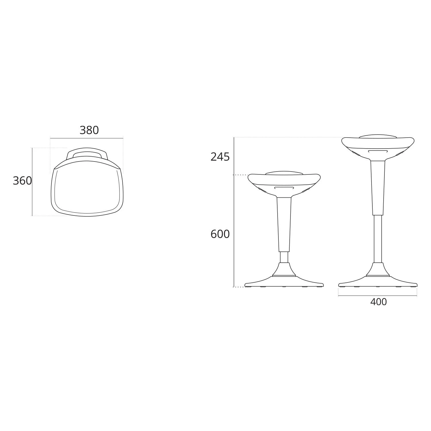 Balansinė kėdė SWING – techninių matmenų schema