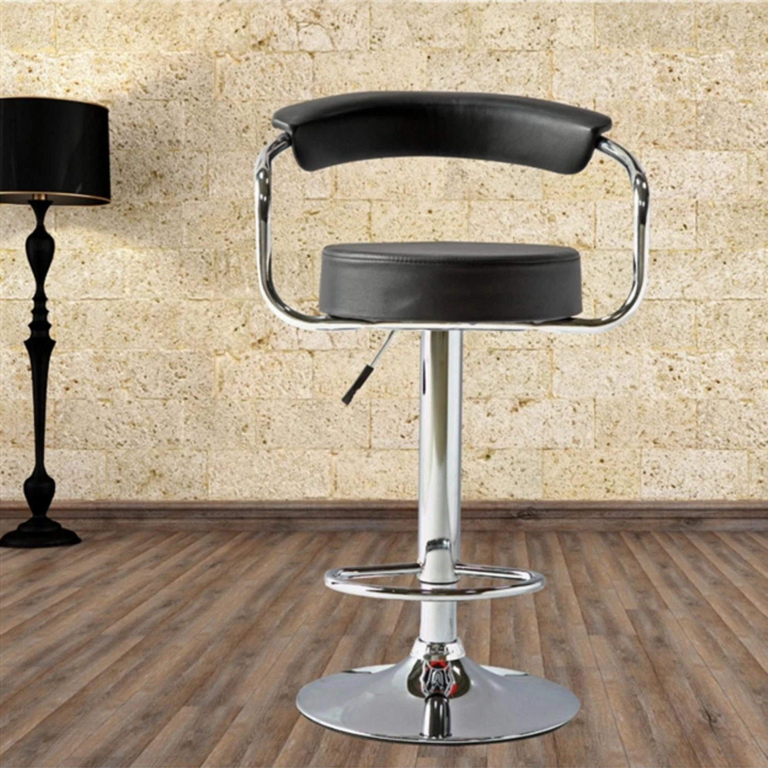 Home4You Baro kėdė LEON, aukštis 62-84 cm, sėdynė: dirbtinė oda, spalva: juoda, chromuota koja