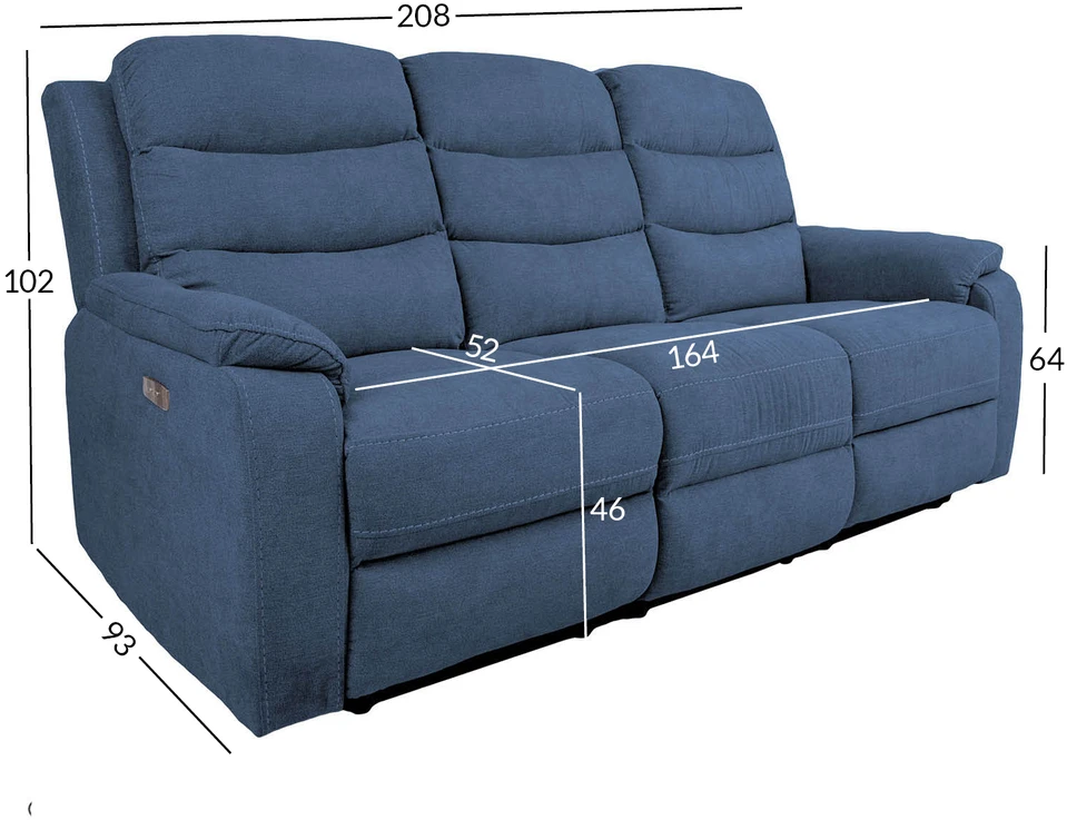 Home4You Mėlyna Trivietė atlošiama sofa MIMI su elektriniu mechanizmu, mėlyna