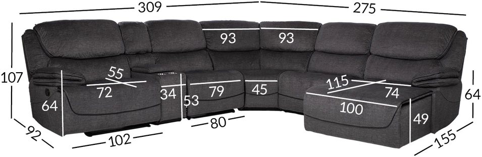 Sofa Kampinis U formos sofos komplektas „GISELLA“, rankiniu būdu reguliuojamas atlošas, tamsiai pilkos spalvos