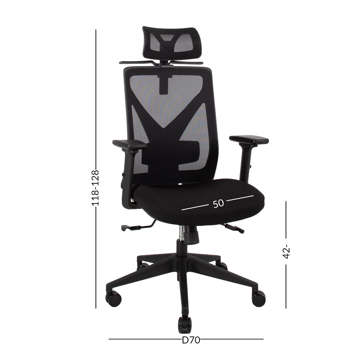 Juoda darbo kėdė MIKE su techniniais matmenimis