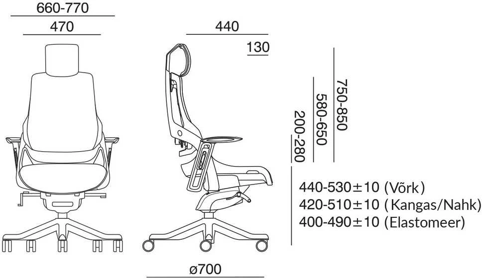 WAU kėdės techninių matmenų schema
