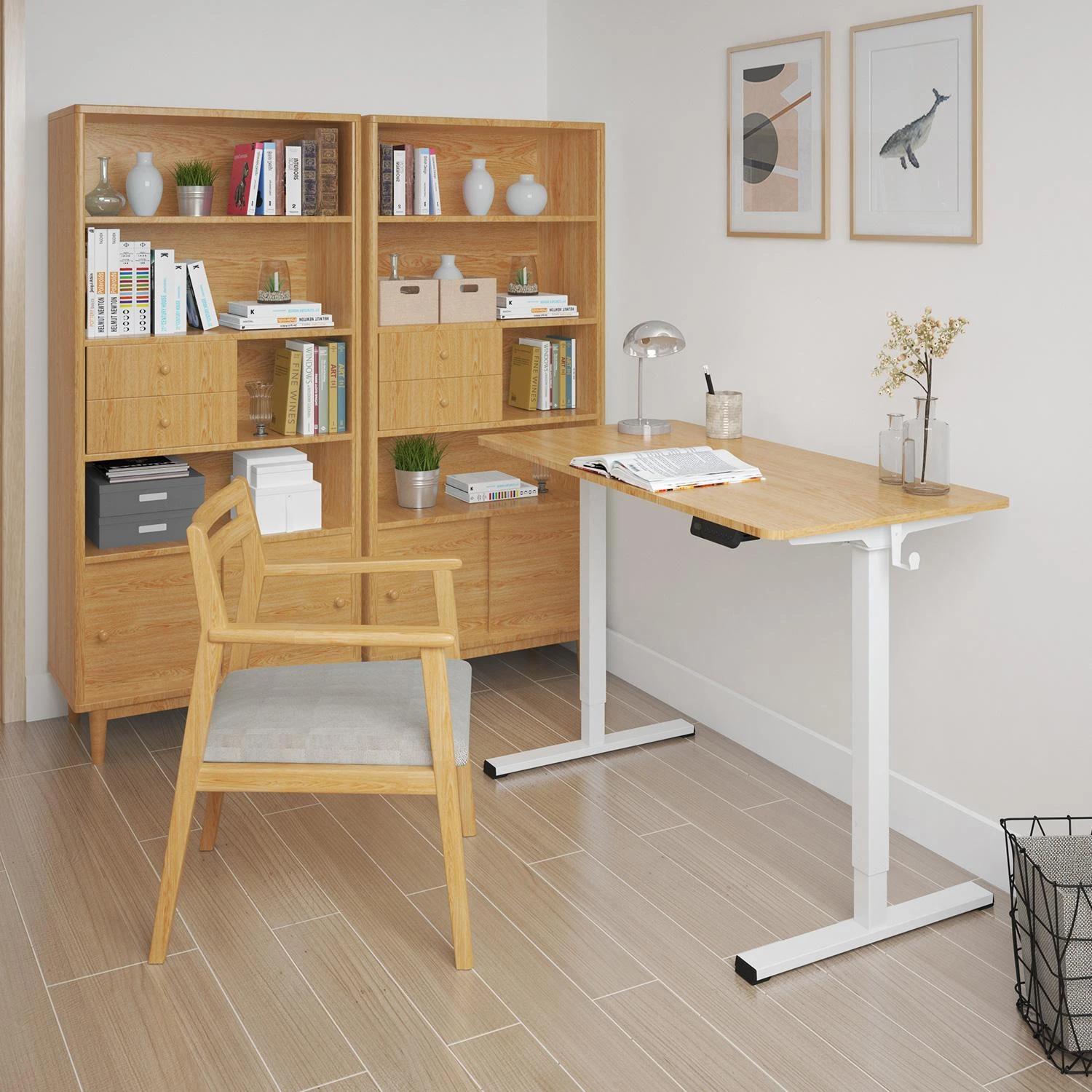 Rašomasis stalas ERGO su 1 varikliu, 120x60xH73-121cm, Spalva: balta/ąžuolas