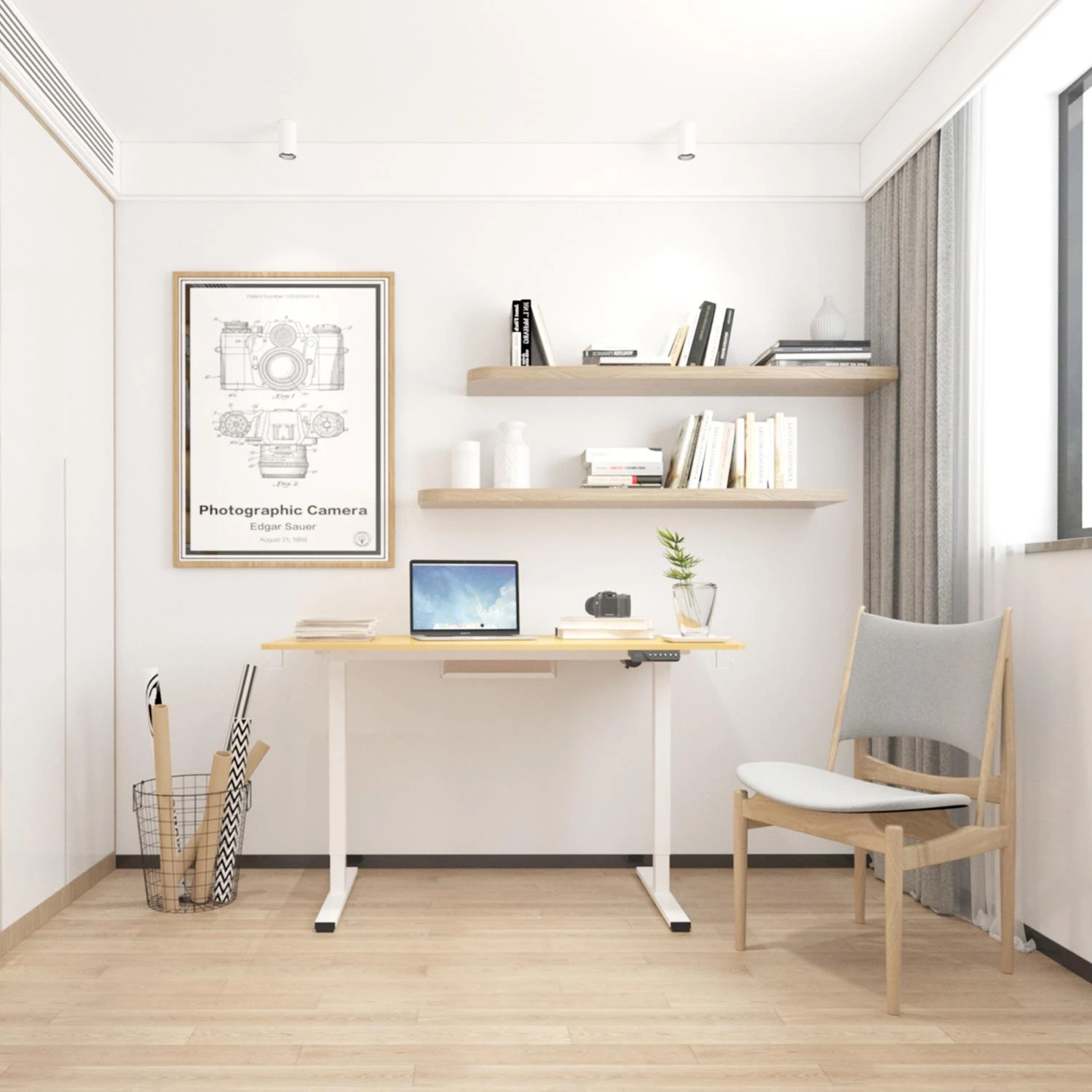 Rašomasis stalas ERGO su 1 varikliu, 120x60xH73-121cm, Spalva: balta/ąžuolas