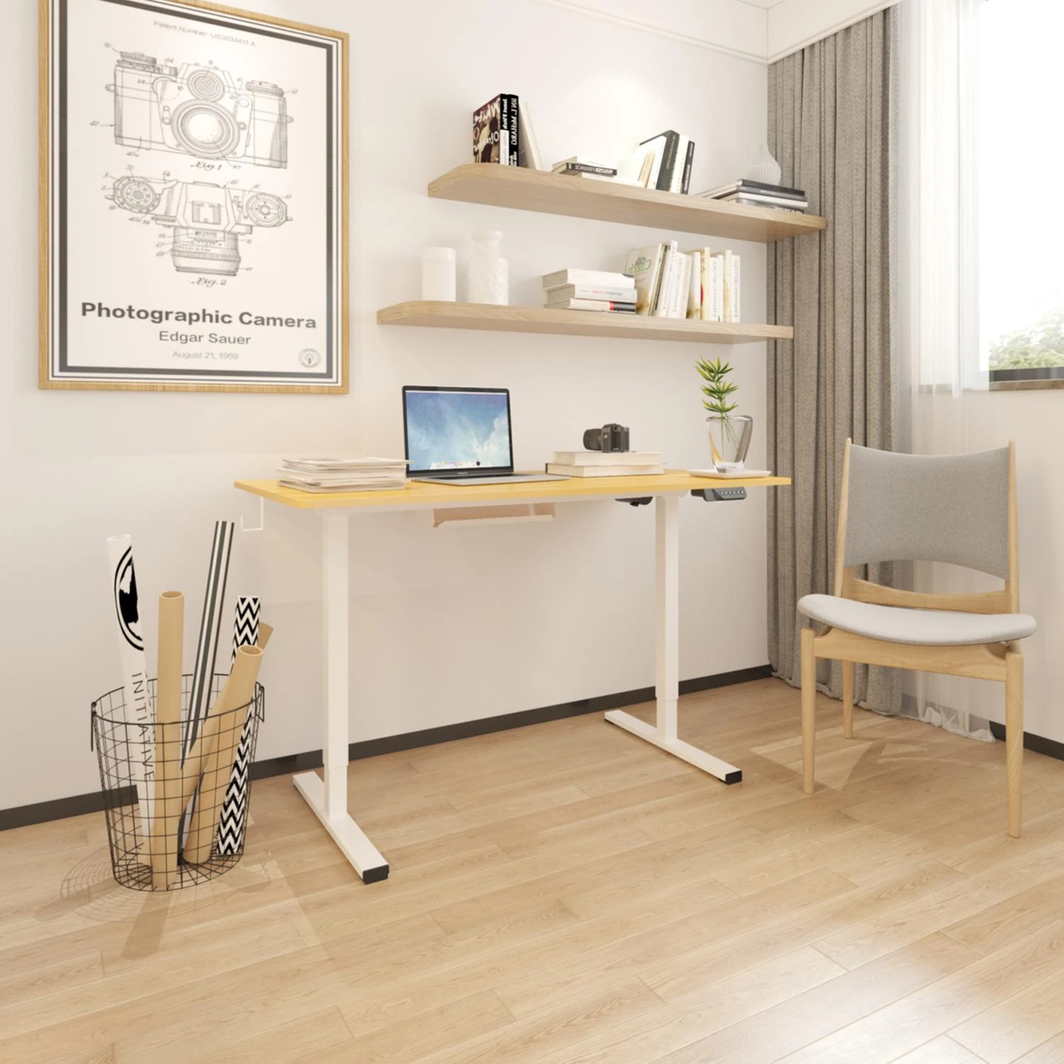 Rašomasis stalas ERGO su 1 varikliu, 120x60xH73-121cm, Spalva: balta/ąžuolas