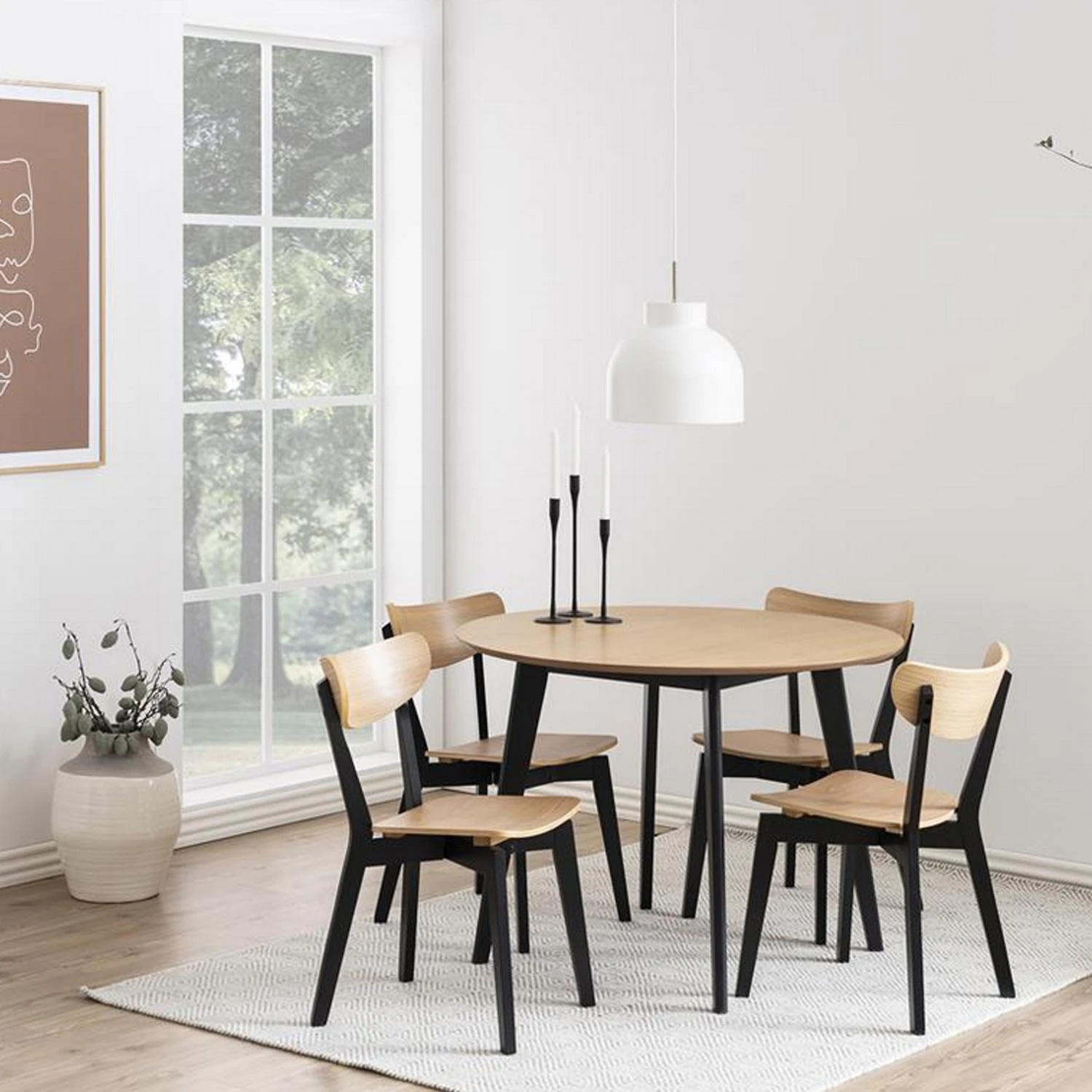 Home4You Valgomojo komplektas ROXBY apvalus stalas, 4 kėdės, ąžuolas/juodas