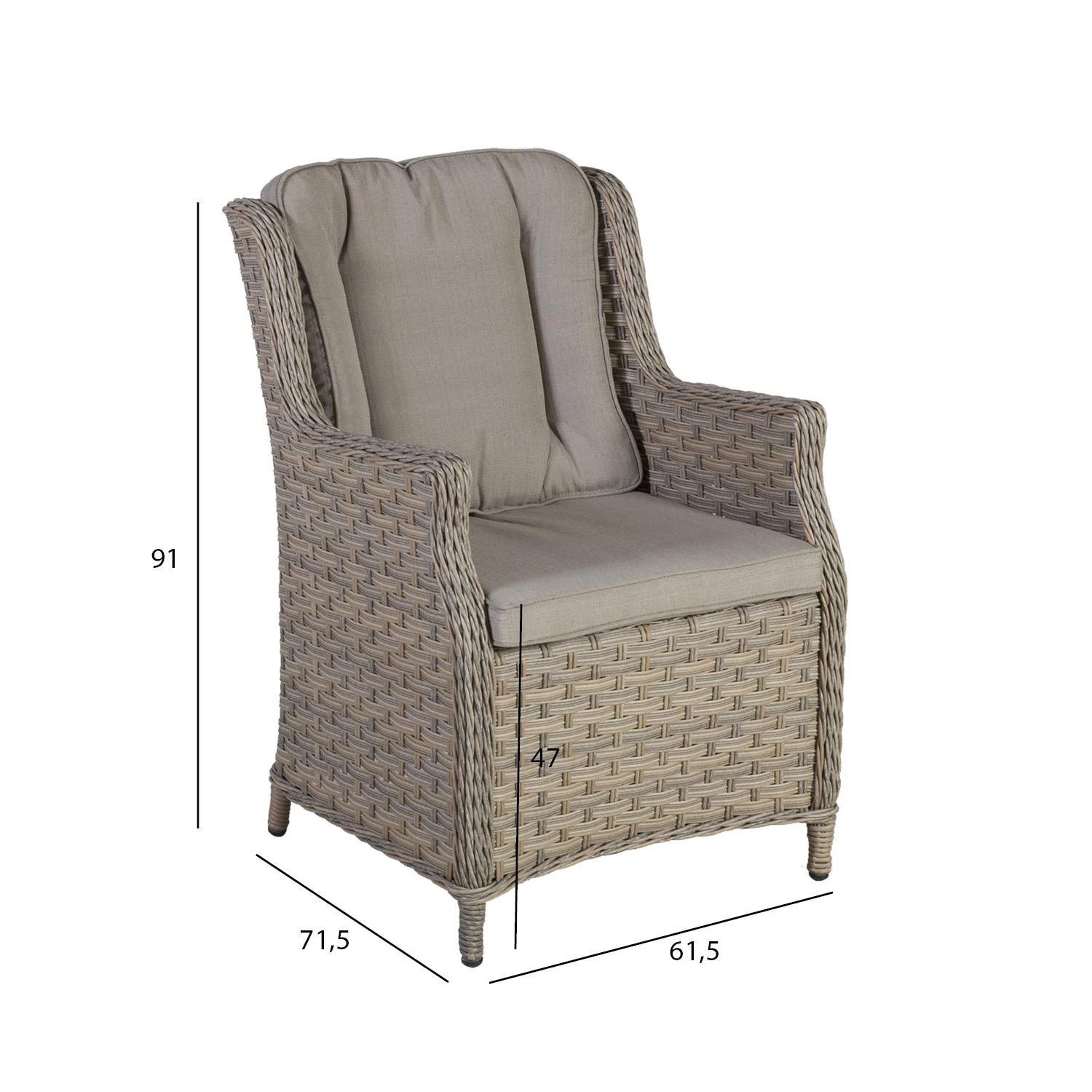 Home4You Lauko fotelis PACIFIC su pagalvėlėmis 61,5x71,5xH91cm, rėmas: aliumininis su plastikinių vytelių apdaila, spalva: pilka/smėlio aprašymas - Prekės nuotrauka