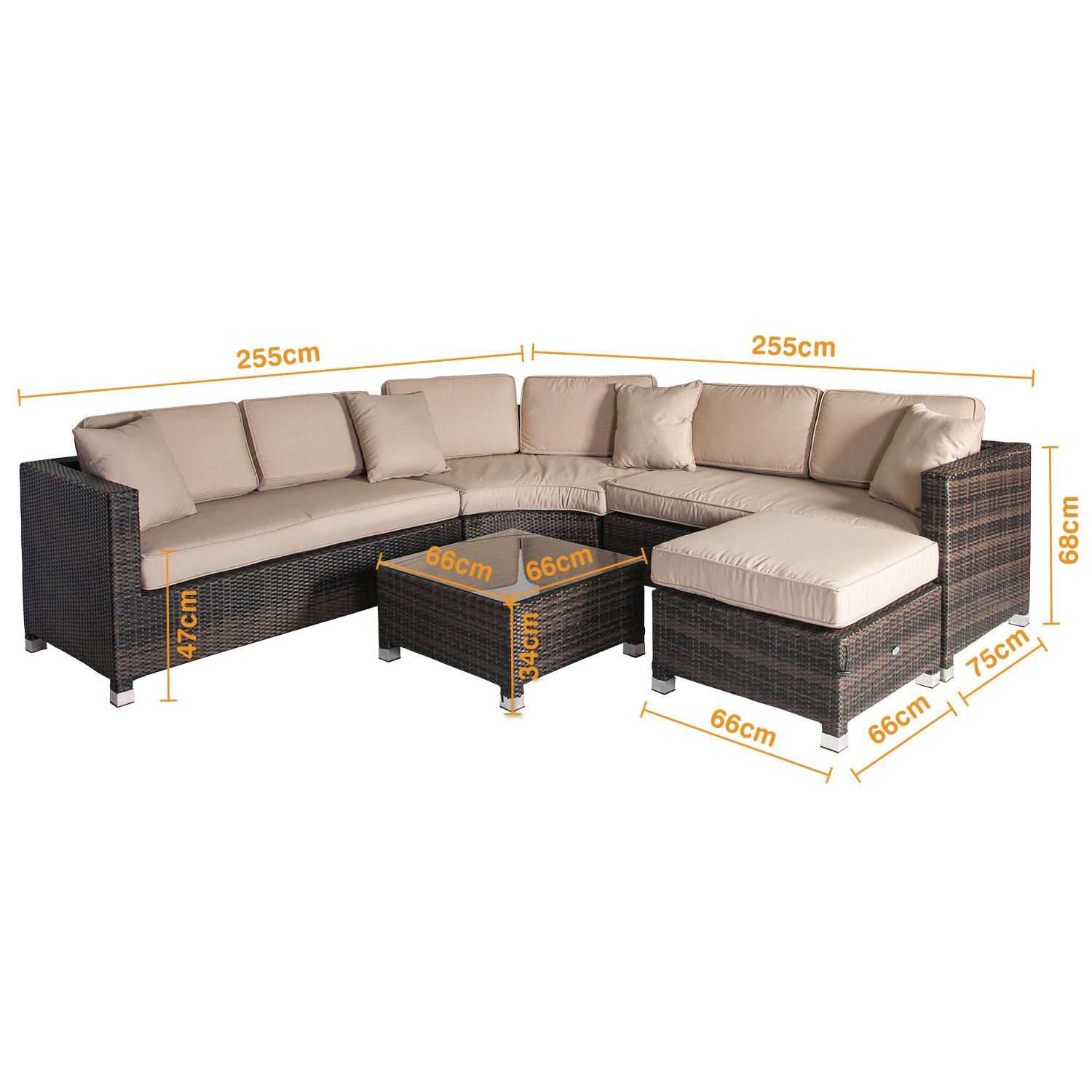 Lauko baldų komplektas Home4You Sodo baldų komplektas DAWSON, stalas, kampinė sofa ir pufas su pagalvėlėmis, spalva: tamsiai ruda aprašymas - Prekės nuotrauka