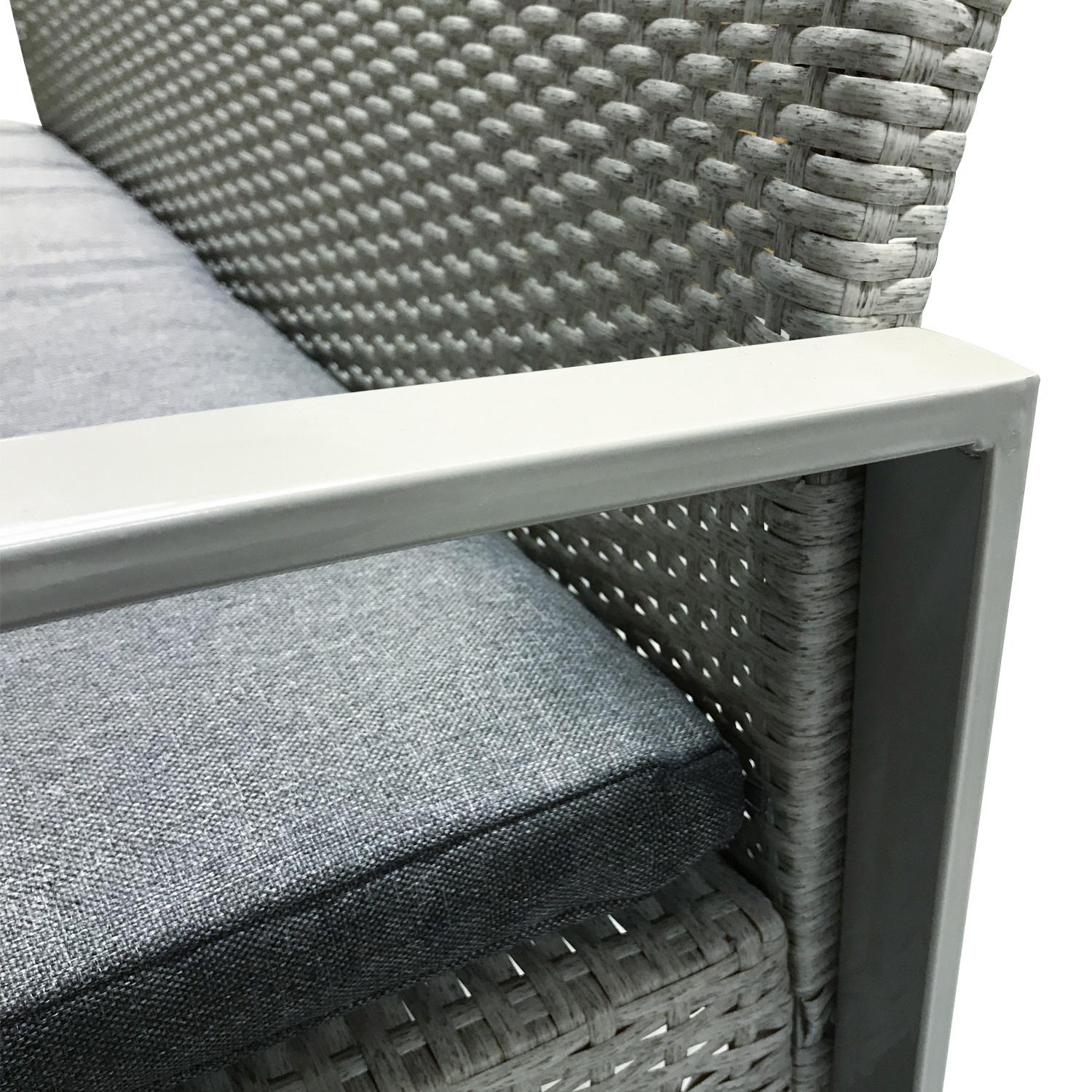 Lauko baldų komplektas Home4You Komplektas VICTORIA su pagalvėlėmis, stalas, sofa ir 2 foteliai, rėmas: plienas su sintetine vytele, spalva: pilka
