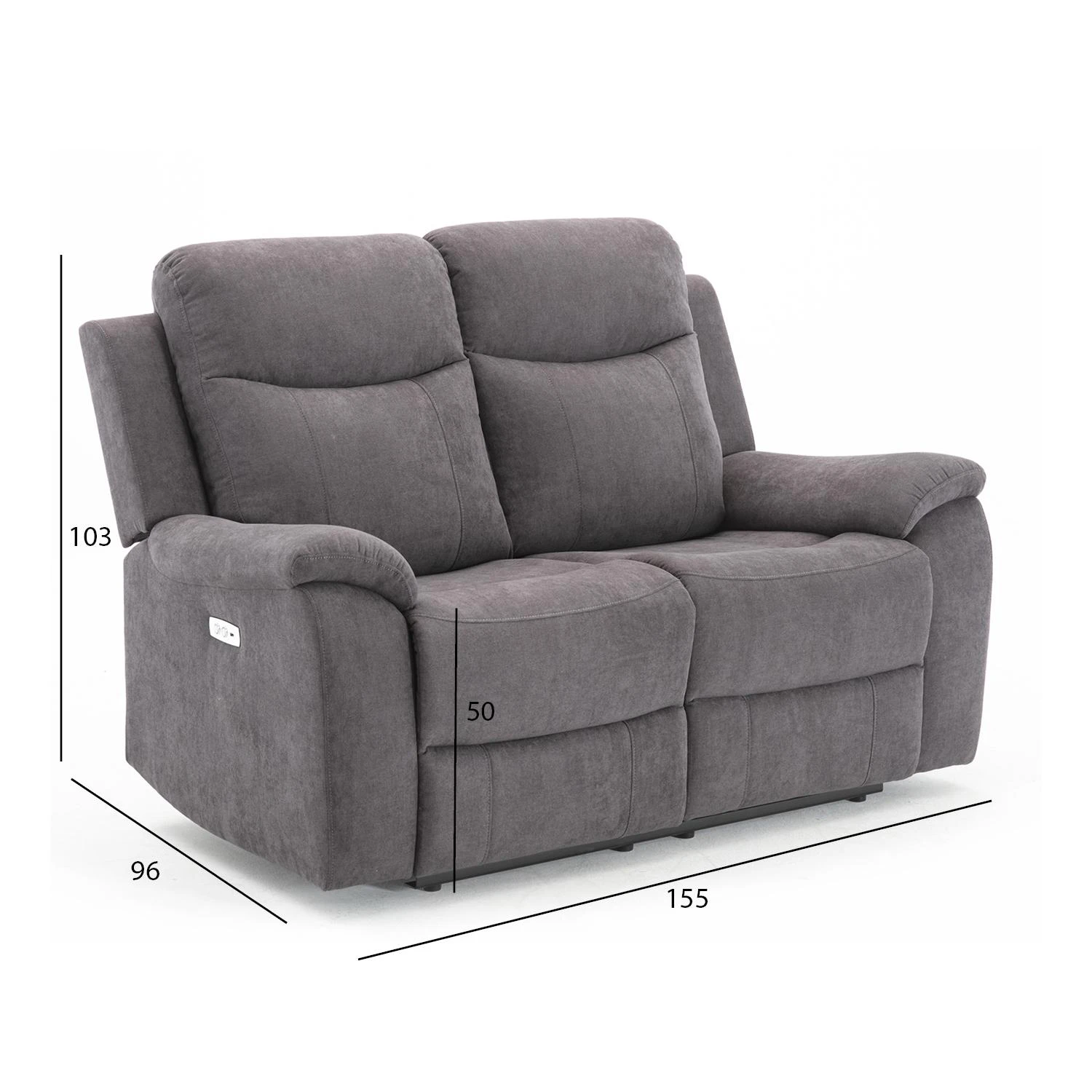 Home4You Atlošiamoji sofa MILO 2, dvivietė, 155x96xH103cm, su elektriniu mechanizmu, pilka