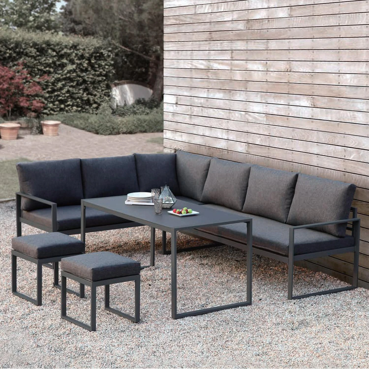 Lauko baldų komplektas Home4You Sodo baldų komplektas LEIPZIG table, corner sofa, 2 ottomans