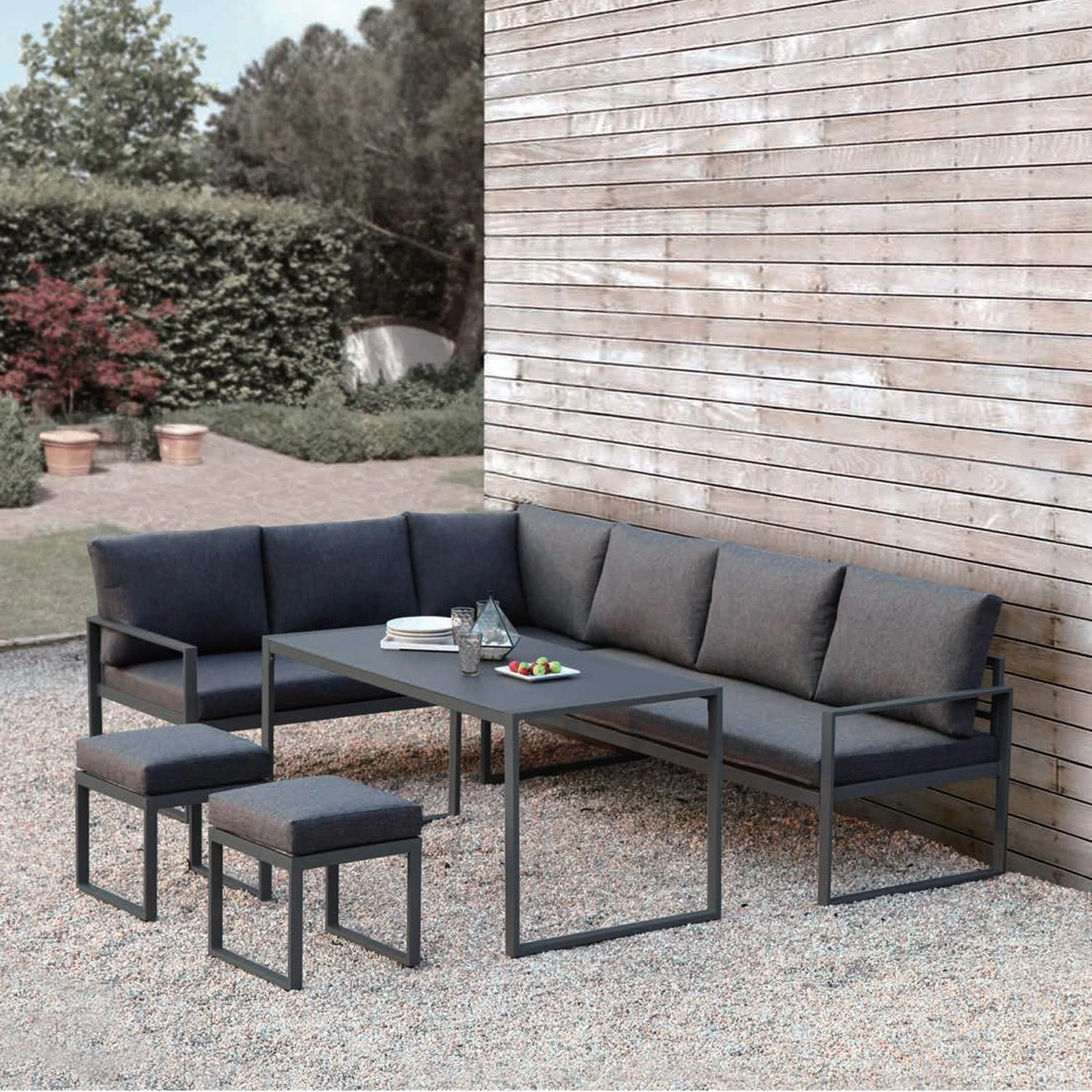 Lauko baldų komplektas Home4You Sodo baldų komplektas LEIPZIG table, corner sofa, 2 ottomans
