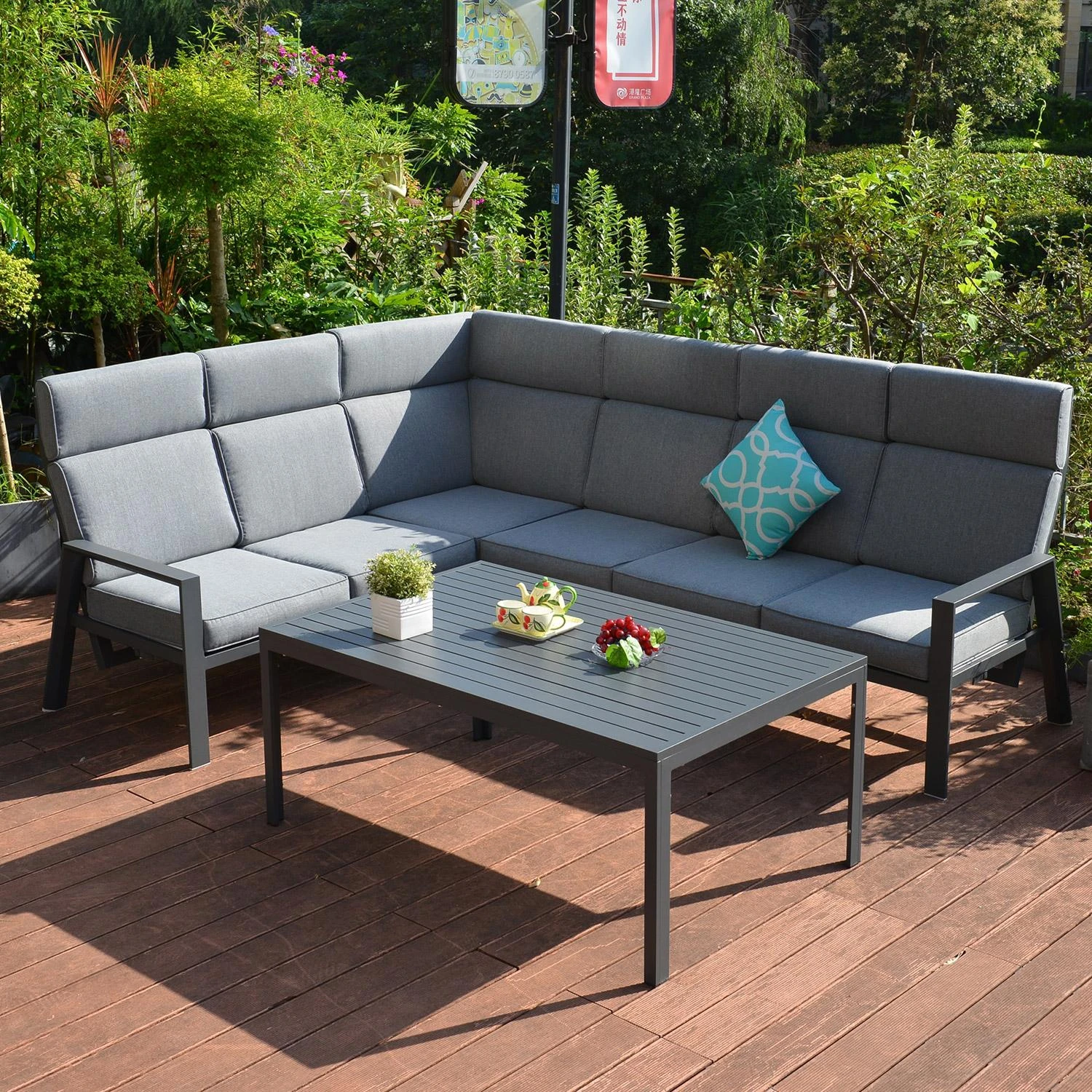 Lauko baldų komplektas Home4You Sodo baldų komplektas CASTEN, stalas ir kampinė sofa, spalva: tamsiai pilka