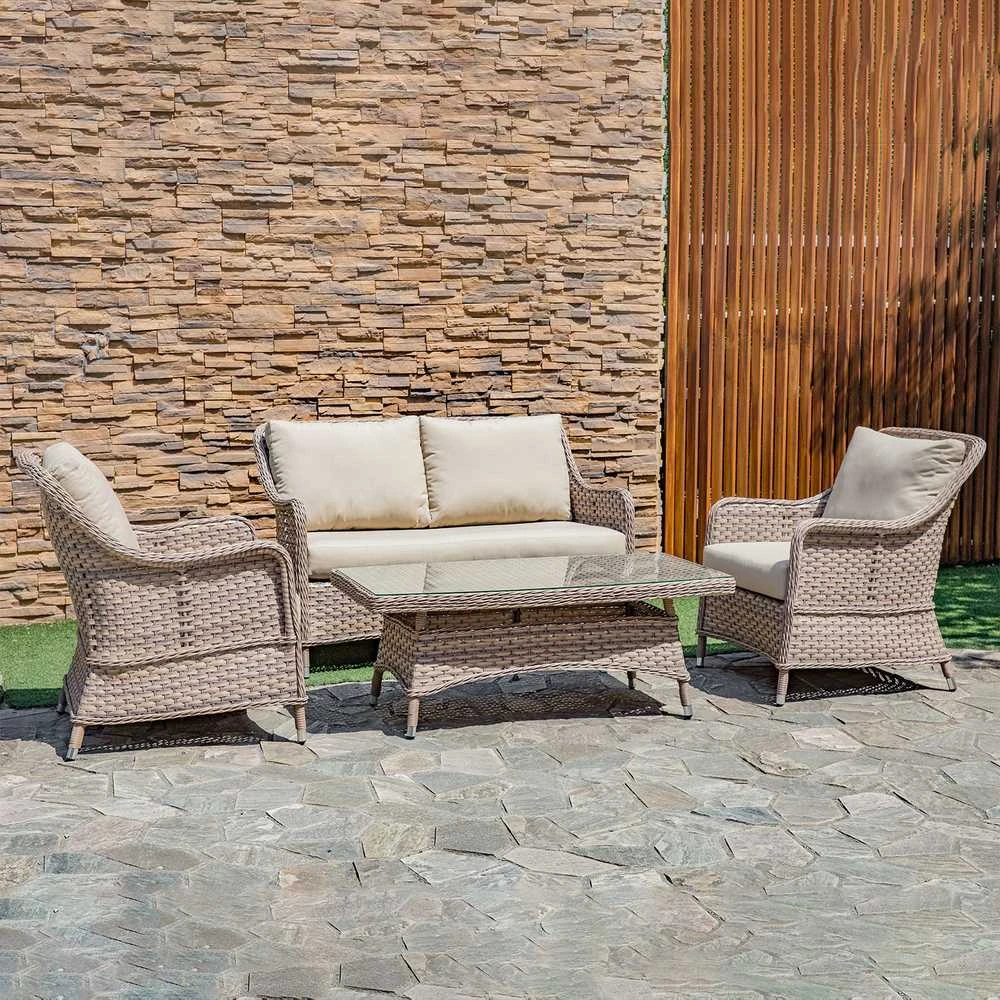 Lauko baldų komplektas Home4You Sodo baldų komplektas EDEN, stalas, sofa ir 2 foteliai, rėmas: aliumininis su plastikinių vytelių apdaila, spalva: smėlio aprašymas - Prekės nuotrauka