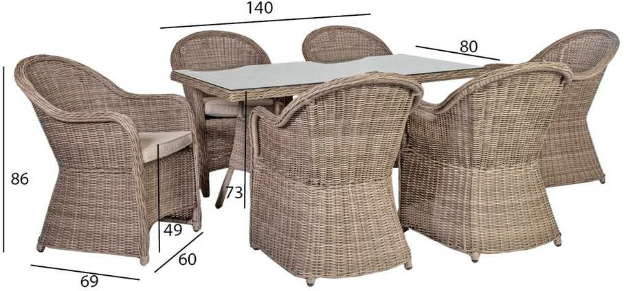 Lauko baldų komplektas Home4You Sodo baldų komplektas TOSCANA, stalas su 6 kėdėmis, 140x80xH73 cm, aliuminio rėmas apipintas plastikinėmis vytelėmis, spalva: pilka/smėlio aprašymas - Prekės nuotrauka