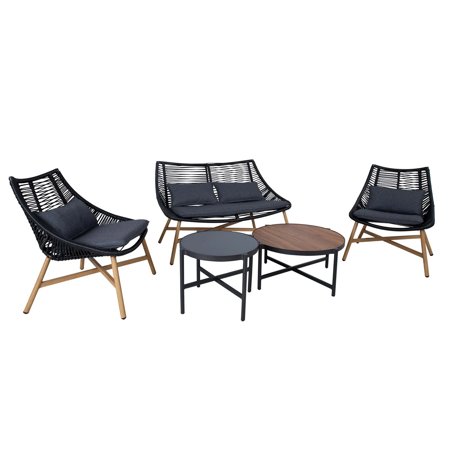 Home4You Lauko baldų komplektas HELSINKI, sofa, 2 kėdės ir 2 stalai, rėmas: aliuminis su plastikinių vytelių apdaila, spalva: juoda