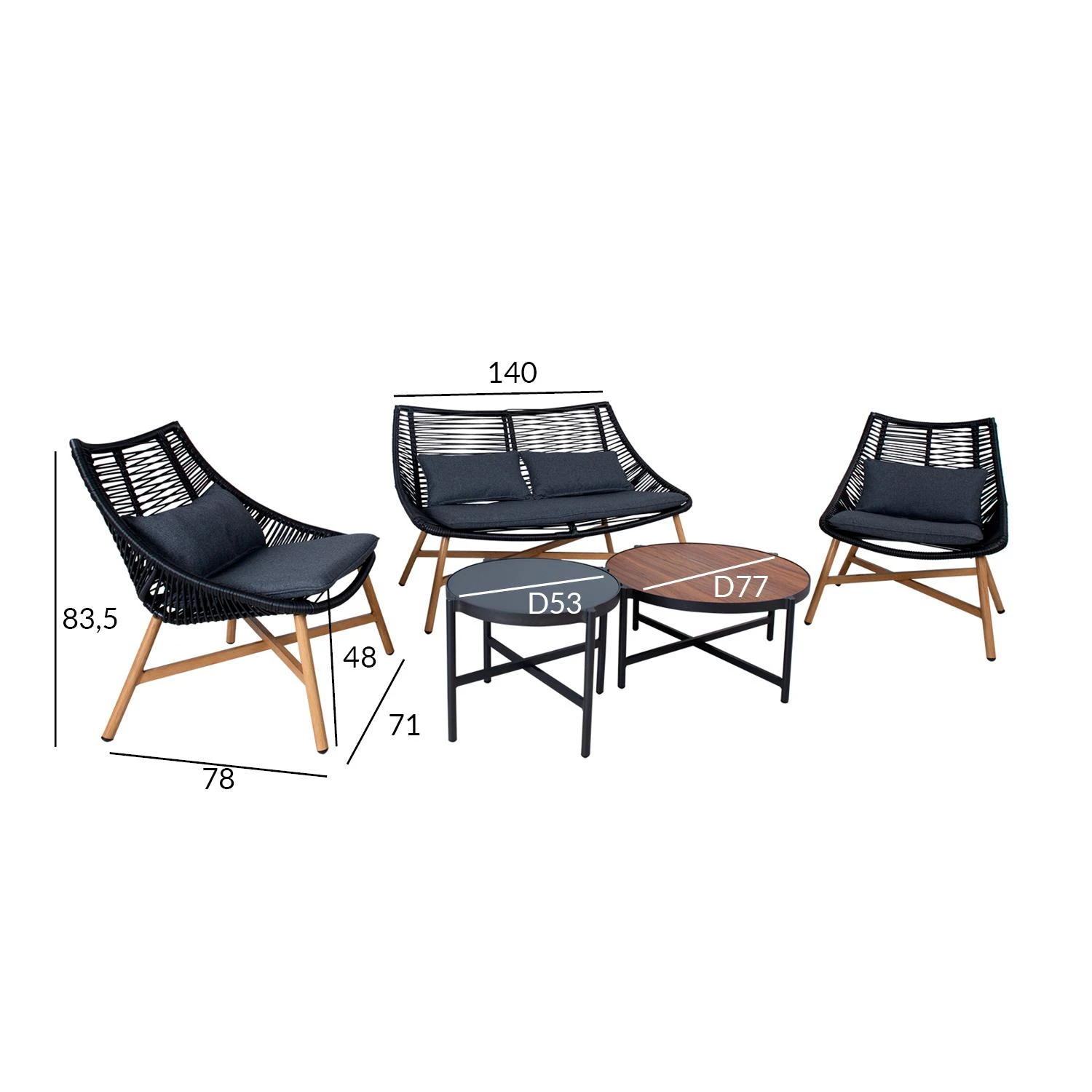 Home4You Lauko baldų komplektas HELSINKI, sofa, 2 kėdės ir 2 stalai, rėmas: aliuminis su plastikinių vytelių apdaila, spalva: juoda