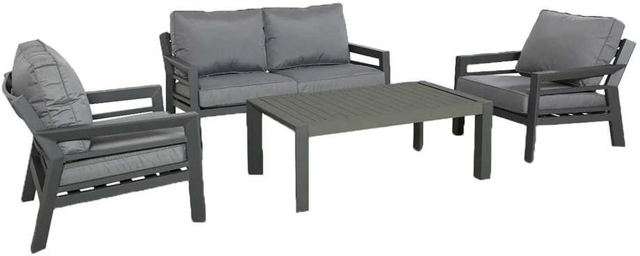 Lauko baldų komplektas Home4You Sodo baldų komplektas TOMSON stalas, sofa ir 2 kėdės, rėmas: aliumininis, pagalvėlės: pilkos