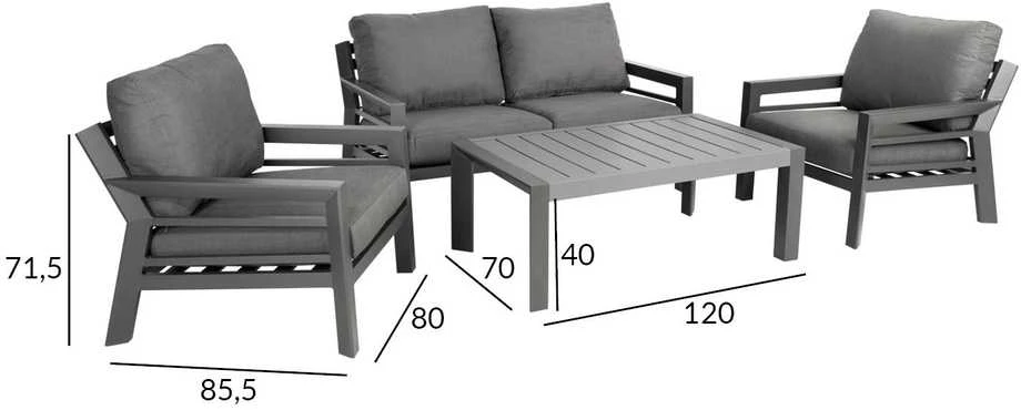 Home4You Sodo baldų komplektas TOMSON stalas, sofa ir 2 kėdės, rėmas: aliumininis, pagalvėlės: pilkos aprašymas - Prekės nuotrauka