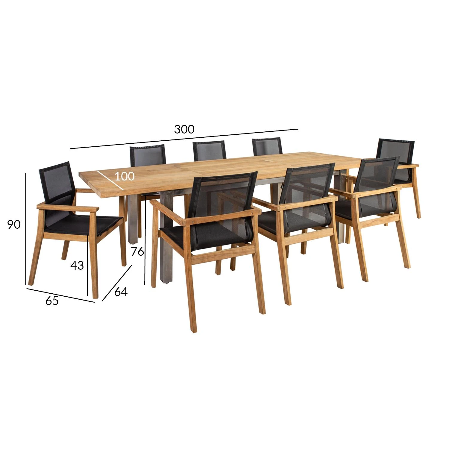 Lauko baldų komplektas Home4You Valgomojo baldų komplektas NAUTICA su 8 kėdėmis (13259), 200 /300x100xH76cm, stalviršis: netašytas tikmedis, nealyvuotas, kojos: nerūdijantis plienas aprašymas - Prekės nuotrauka