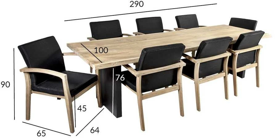 Lauko baldų komplektas Home4You Valgomojo baldų komplektas ROYAL su 8 kėdėmis (13258), 280x100xH76 cm, stalviršis: tikmedis, apdaila: šlifuotas, nealyvuotas, kojos: aliumininės aprašymas - Prekės nuotrauka