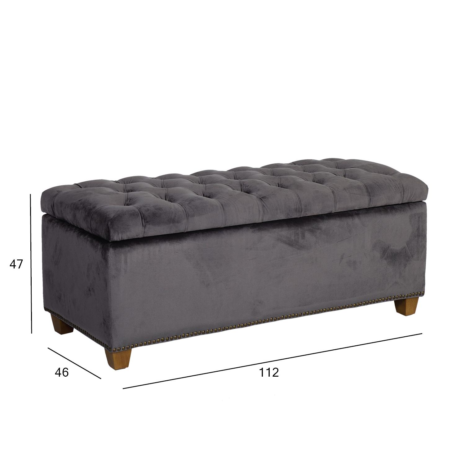Home4You Žemas apmuštas pufas HOLMES VELVET su daiktadėže 112x46xH47 cm, dangos medžiaga: aksomo audinys, spalva: tamsiai pilka