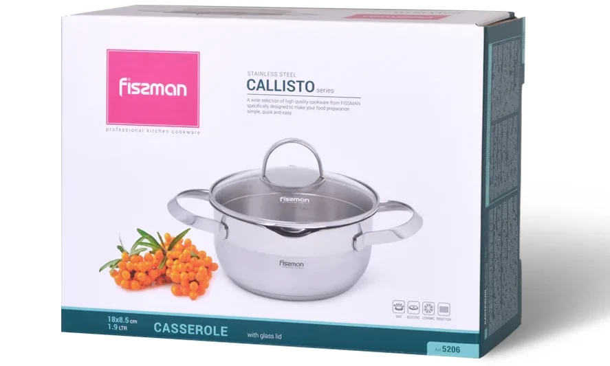 Fissman Puodas CALLISTO 18x8,5cm / 1,9l su stikliniu dangčiu (nerūdijantis plienas)