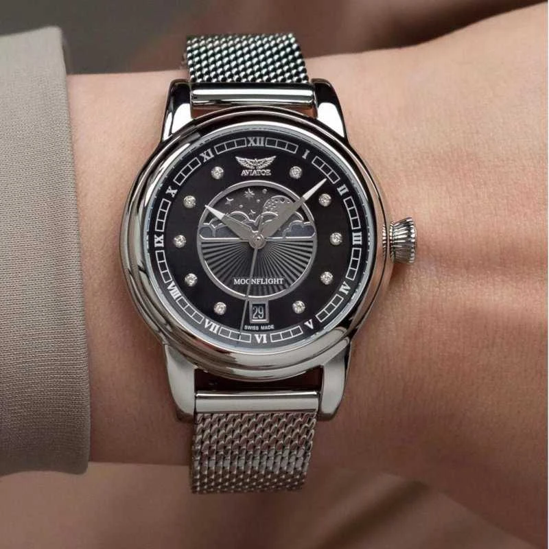 Laikrodis AVIATOR Douglas Moonflight Sidabrinis Diamonds Edition V.1.33.0.381.5