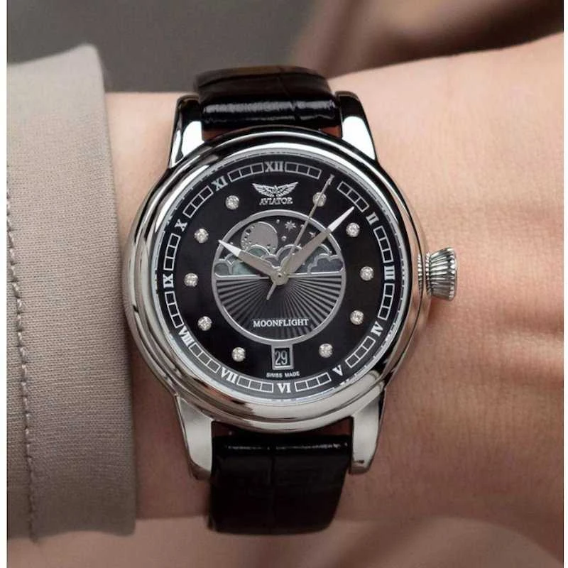 Laikrodis AVIATOR Douglas Moonflight Sidabrinis Diamonds Edition V.1.33.0.381.4