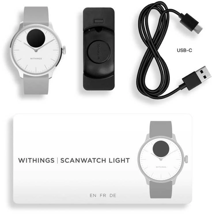 Išmanusis laikrodis Withings Scanwatch Light, 37 mm, Sidabro spalvos korpusas su pilkos spalvos dirželiu