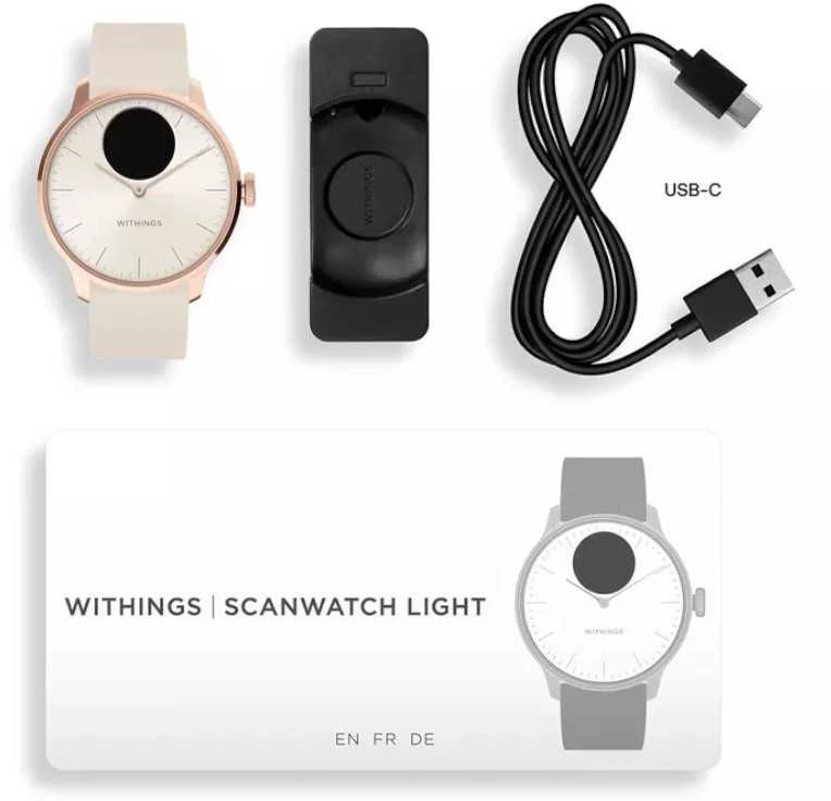 Išmanusis laikrodis Withings Scanwatch Light, 37 mm, Rožinio aukso spalvos korpusas su baltos spalvos dirželiu