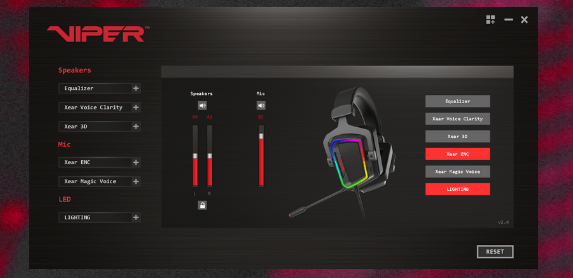 Žaidimų ausinės PATRIOT VIPER V380 pilno spektro RGB, 7.1 Virtualus erdvinis garsas, atjungiamas mikrofonas aprašymas - Prekės nuotrauka