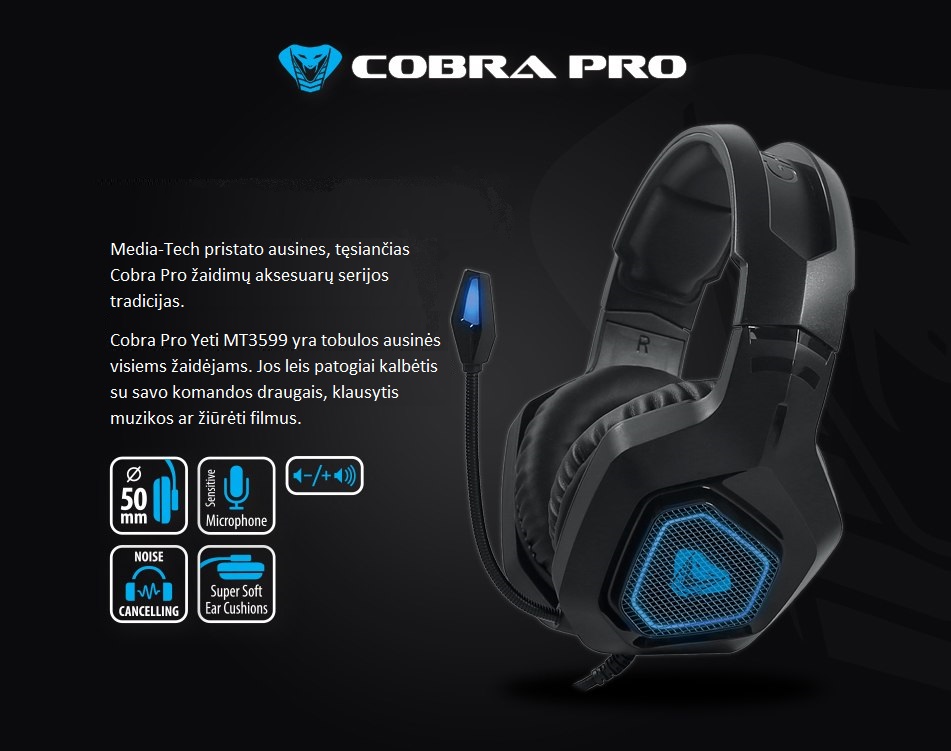 Žaidimų ausinės Media-Tech Cobra PRO Yeti MT3599 su LED pašvietimu, Juodos aprašymas - Prekės nuotrauka