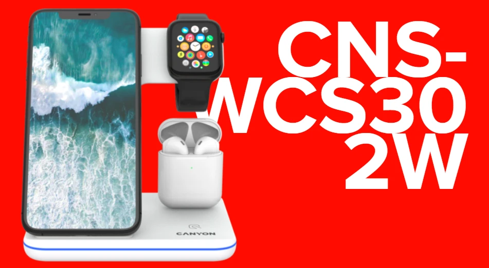 Universalus Belaidis įkroviklis Canyon 3in1 Wireless Charger WS-302, tinka vienu metu įkrauti Apple Watch, iPhone ir Airpods aprašymas - Prekės nuotrauka