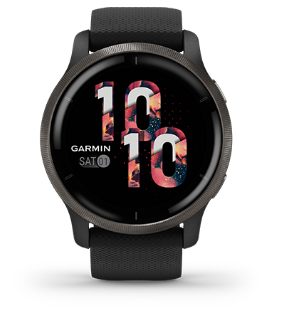 Išmanusis laikrodis Garmin Venu 2, Skalūno spalvos nerūdijančiojo plieno apvadas, su juodu korpusu ir silikoniniu dirželiu aprašymas - Prekės nuotrauka