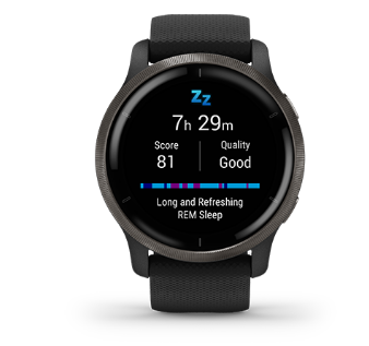 Išmanusis laikrodis Garmin Venu 2, Skalūno spalvos nerūdijančiojo plieno apvadas, su juodu korpusu ir silikoniniu dirželiu aprašymas - Prekės nuotrauka
